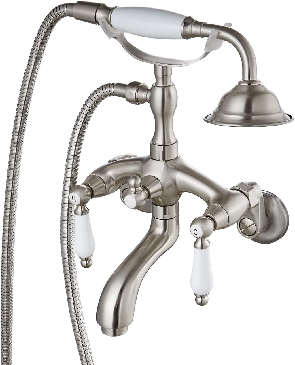 gotonovo Brushed Nickel Clawfoot Tub Faucet Wall Mount with Hand Held Shower Sprayer Bathtub Faucet Set Double Level Handle 6 Inch Center with Adapter Adjustable Swing Arms