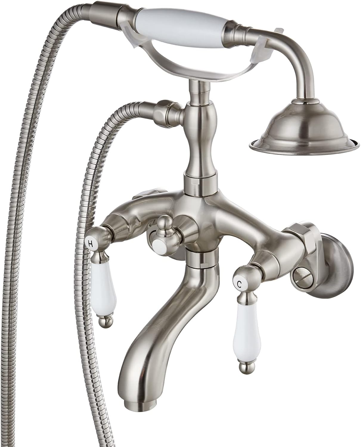 gotonovo Brushed Nickel Clawfoot Tub Faucet Wall Mount with Hand Held Shower Sprayer Bathtub Faucet Set Double Level Handle 6 Inch Center with Adapter Adjustable Swing Arms
