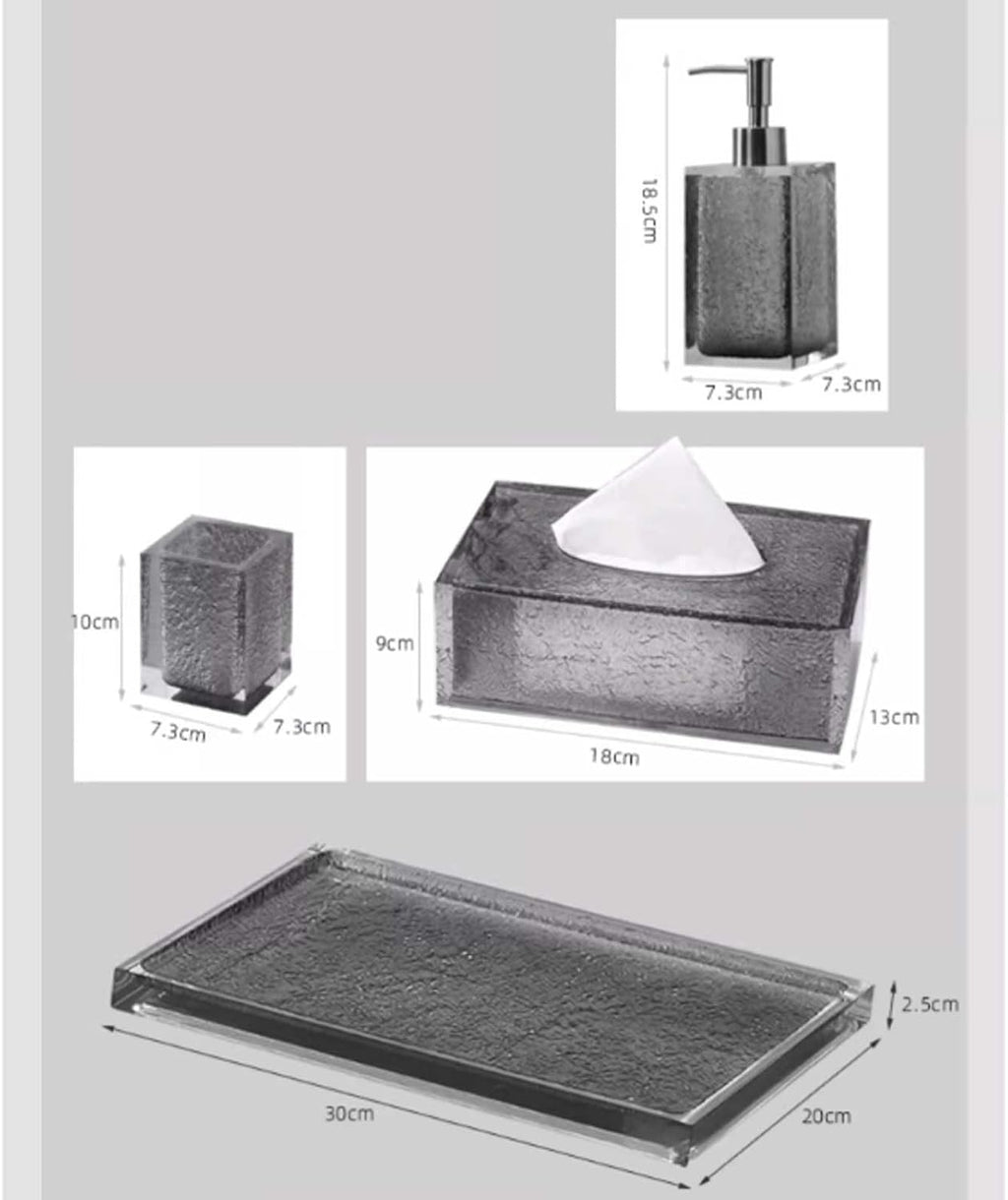Soap Dispenser Black Translucent Resin Bathroom Accessory Set, 4 Pieces Bathroom Accessories Complete Set Vanity Countertop Accessory Set, Includes Soap Dispenser, Cup, Tissue Box and Tray Soap Dispen