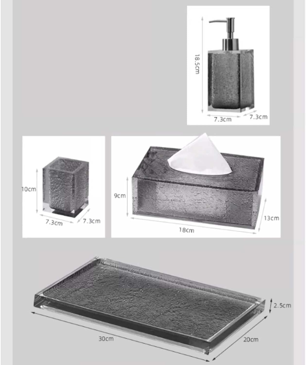 Soap Dispenser Black Translucent Resin Bathroom Accessory Set, 4 Pieces Bathroom Accessories Complete Set Vanity Countertop Accessory Set, Includes Soap Dispenser, Cup, Tissue Box and Tray Soap Dispen