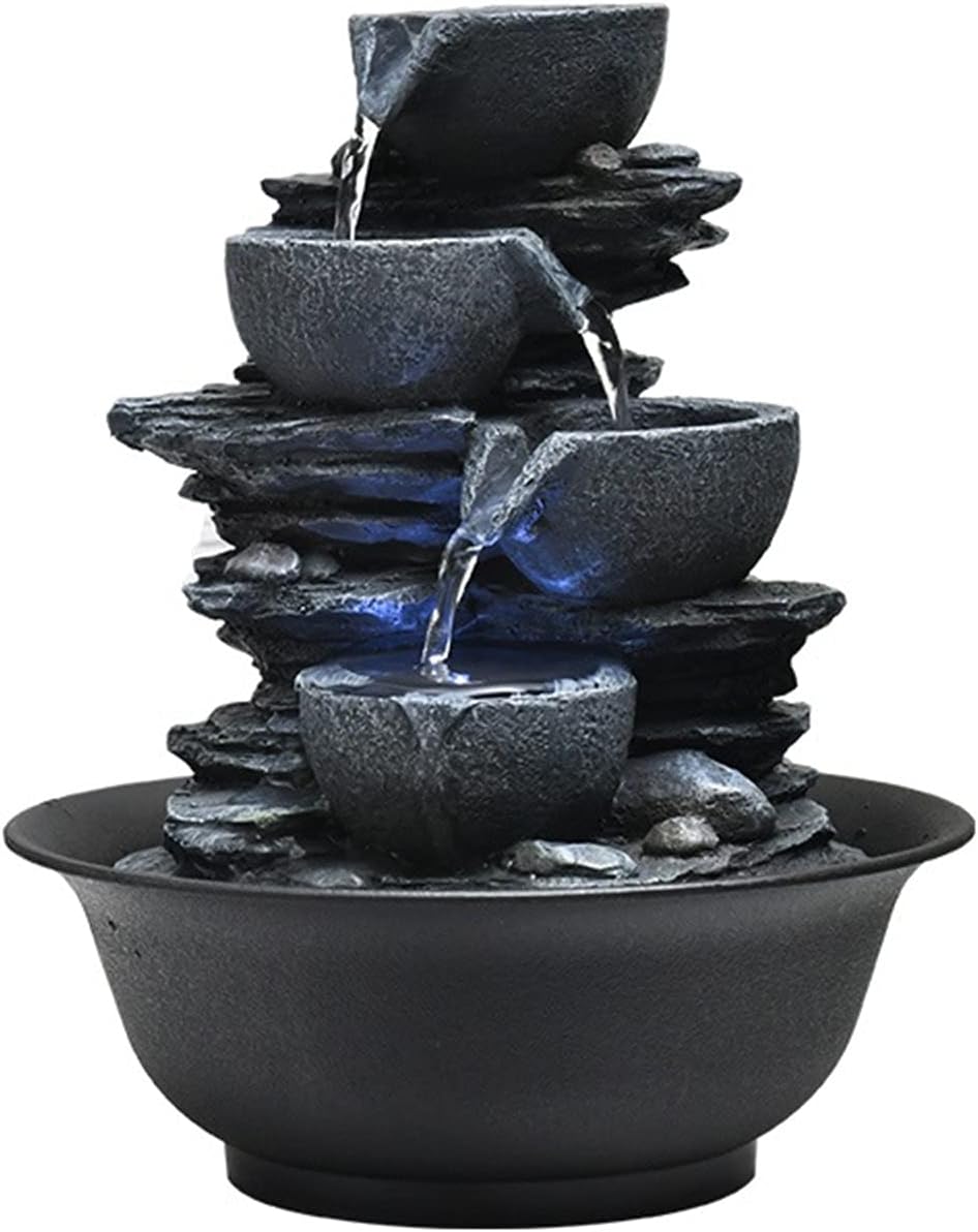 Indoor Fountain Indoor Fountain Tabletop Fountains Multi-Colored LED Lights Perfect Size for Home Office Soothing Cascading Water Sounds Tiered Desktop Features Tabletop cor (Gold)