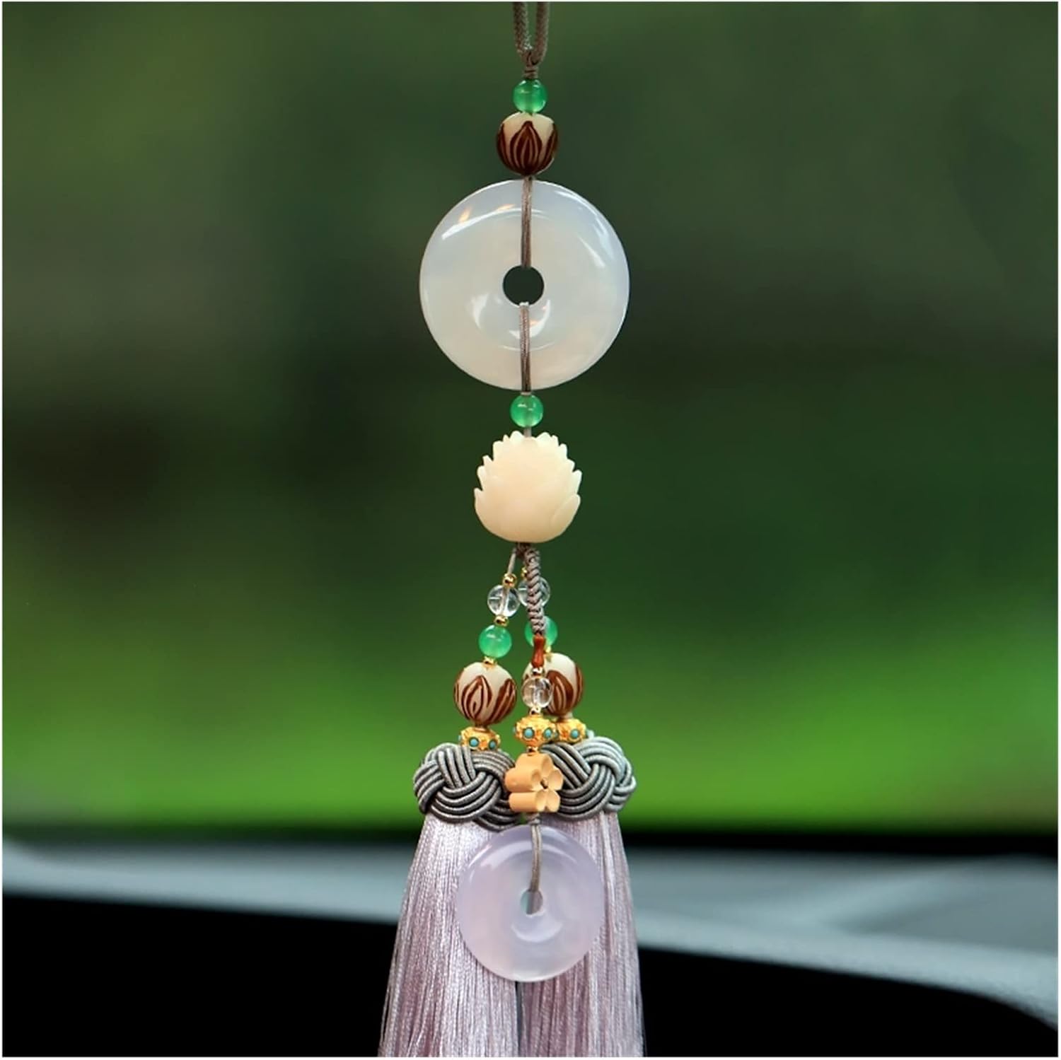 TITIZA Car Interior Good Luck Pendant Car Rearview Mirror Pendant Natural Jade Bodhi Lotus Flower Creative Car Charm Crafts
