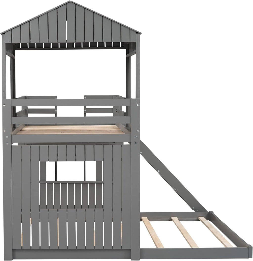 MERITLINE House Bed Bunk Beds with Slide Twin Over Full Size Bunk Bed Frame with Slide,Wooden Playhouse - Design Slide Bunk Beds Twin Over Full Bunk for Boys and Girls
