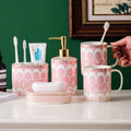Bathroom Accessories Set, 6 Piece Ceramic Bath Accessory Completes with Soap Lotion Dispenser Pump Toothbrush Holder Tumbler Soap Dish, Tray Great for Modern Bath Sink Tub Decor (Pink Gold Stripes)