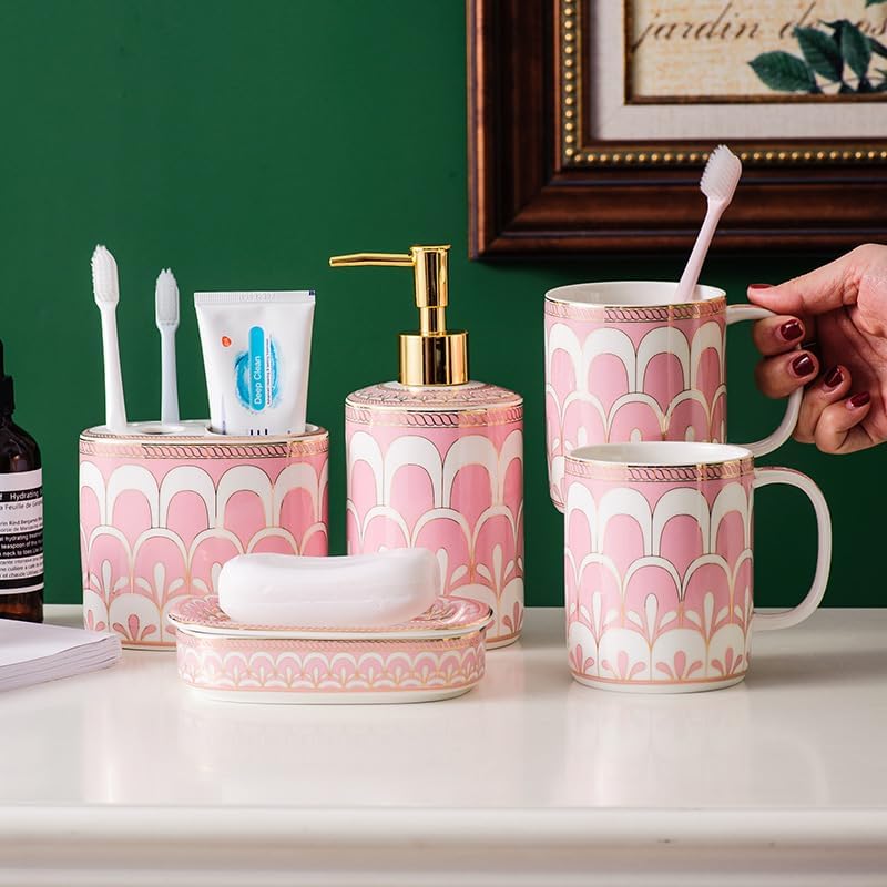 Bathroom Accessories Set, 6 Piece Ceramic Bath Accessory Completes with Soap Lotion Dispenser Pump Toothbrush Holder Tumbler Soap Dish, Tray Great for Modern Bath Sink Tub Decor (Pink Gold Stripes)