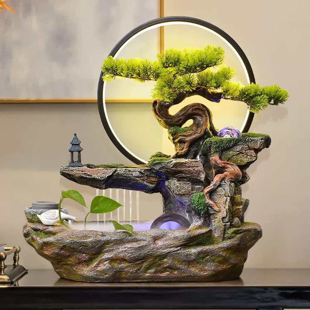 Waterfall Tabletop Fountain Indoor Waterfall Fountain Decoration Tabletop Fountain with LED Light Artificial Bonsai Tree Indoor Fountain (Color : Without Nebulizer)