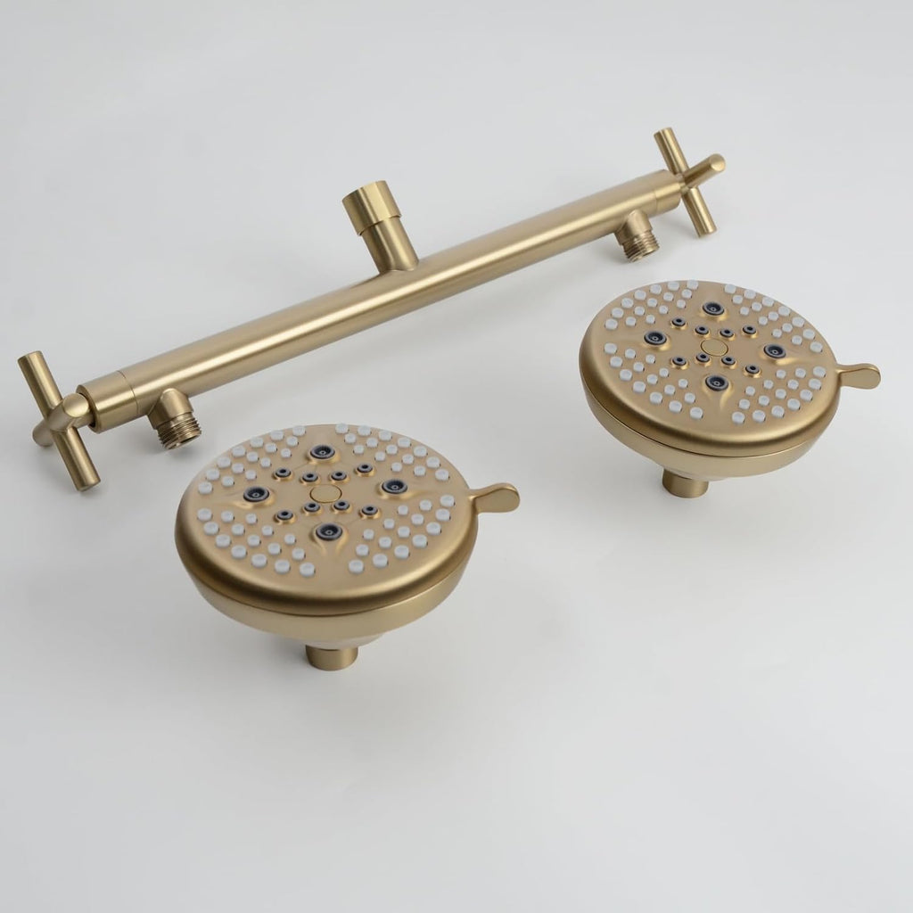 Double Shower Head with Manifold Shut-Off Valve,4 Function 2 Shower Sprayers For Couples Shower,High Pressure Dual Shower Heads Combo Set,Brushed Gold,AG1MG