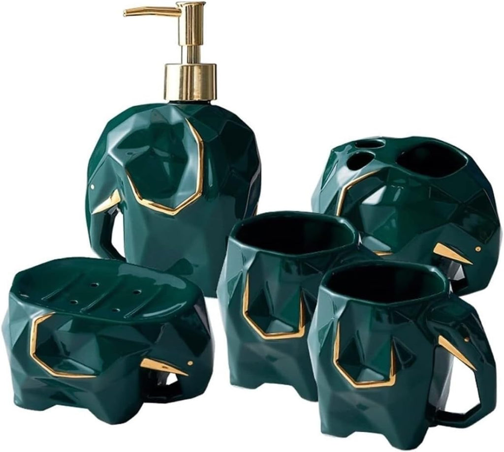 Countertop Organizer for Bathroom 5-Pieces Bathroom Accessory Set Geometric Soap Dispenser Ceramic Lotion Toothbrush Holder Home Decor(Blue)