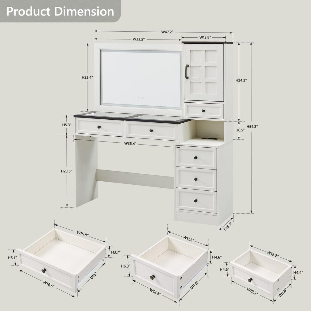 Aitjunz Farmhouse Vanity Desk with Touch Screen LED Mirror, 47' Big Make Up Table with 6 Drawers, Glass Top, Charging Station, Rustic Wood Dressing Table w/3 Color Available, Antique White