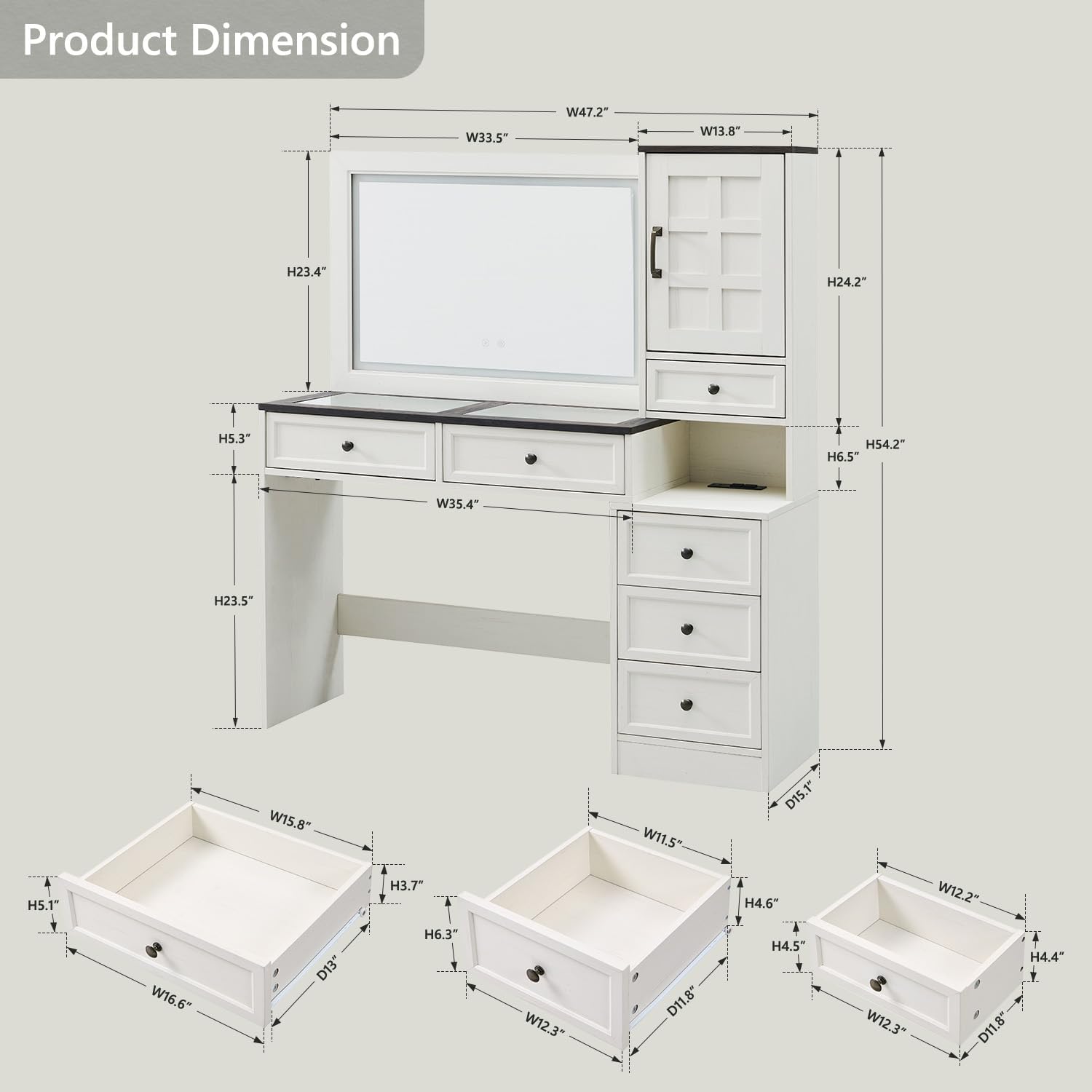 Aitjunz Farmhouse Vanity Desk with Touch Screen LED Mirror, 47' Big Make Up Table with 6 Drawers, Glass Top, Charging Station, Rustic Wood Dressing Table w/3 Color Available, Antique White