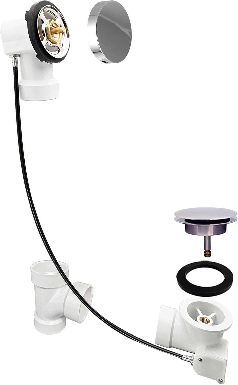 Westbrass D50P35SRE-26 35' Cable Drive Bathtub Drain Trim with Rotary Overflow Cover Knob, Pop-Up Stopper Sch. 40 PVC Fittings, Polished Chrome
