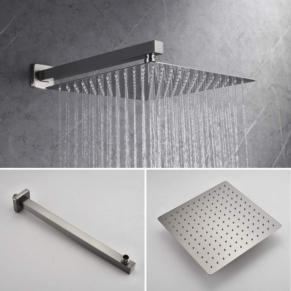 Iriber Brushed Nickel Square Rain Shower System with 4 PCS Body Jets 3 Function Shower Faucet Set Wall Mounted Pressure Balance Shower Trim Kit (Valve Included)