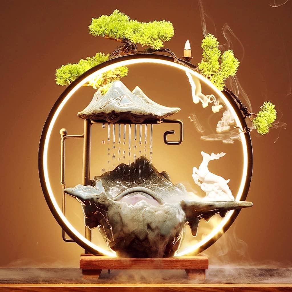 HIHELO Desktop Fountain Tabletop Fountain Chinese Ceramic Water Fountain Desktop Waterfall Fountain Office Decoration Ornaments Water Fountain Outdoor (Color : A)