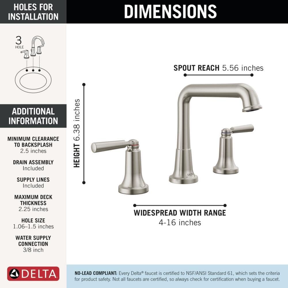 Delta Saylor Brushed Nickel Bathroom Faucet 3 Hole, 8 Inch Widespread Bathroom Sink Faucet for Vanity, Metal Push-Pop Drain Assembly, Stainless 3536-SSMPU-DST