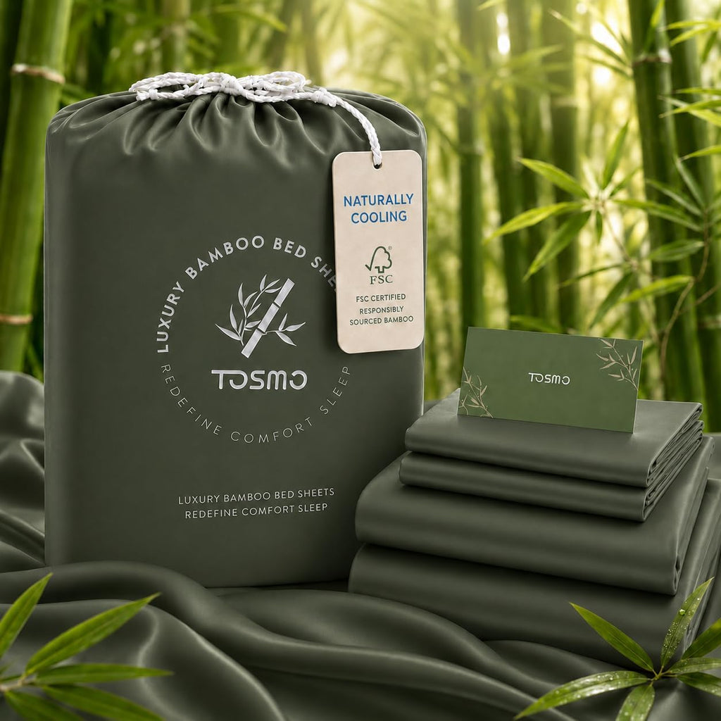 TOSMO Luxury Cooling Sheet Set | 100% Viscose from Organically Grown Bamboo | FSC® Certified | Queen Size | 18' Deep Pockets | Silky Soft Natural Bedding for Hot Sleeper [Olive]