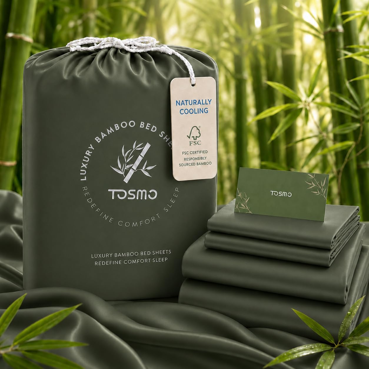 TOSMO Luxury Cooling Sheet Set | 100% Viscose from Organically Grown Bamboo | FSC® Certified | Queen Size | 18' Deep Pockets | Silky Soft Natural Bedding for Hot Sleeper [Olive]