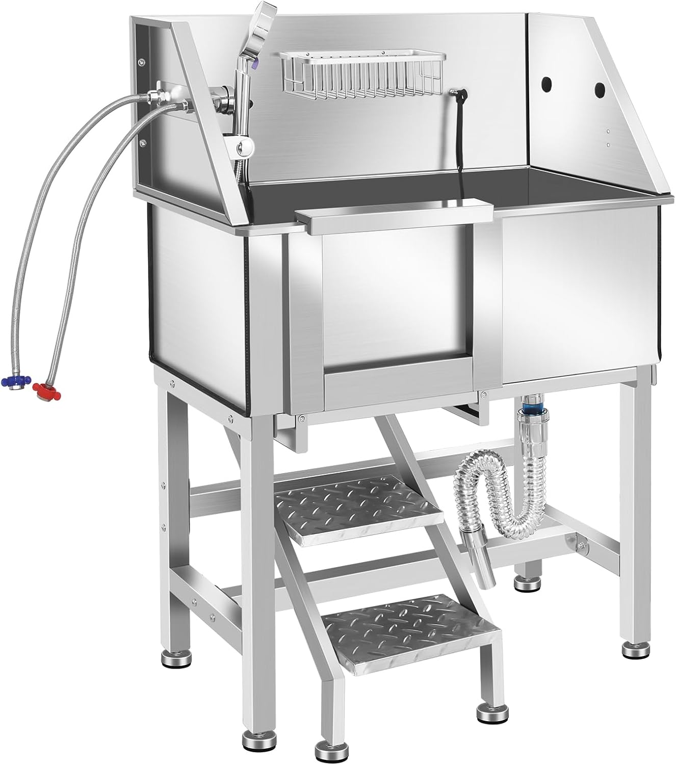 Dog Grooming Tub, L Pet Wash Station, Professional Stainless Steel Pet Grooming Tub With Ramp, Faucet, Sprayer, And Drain Kit