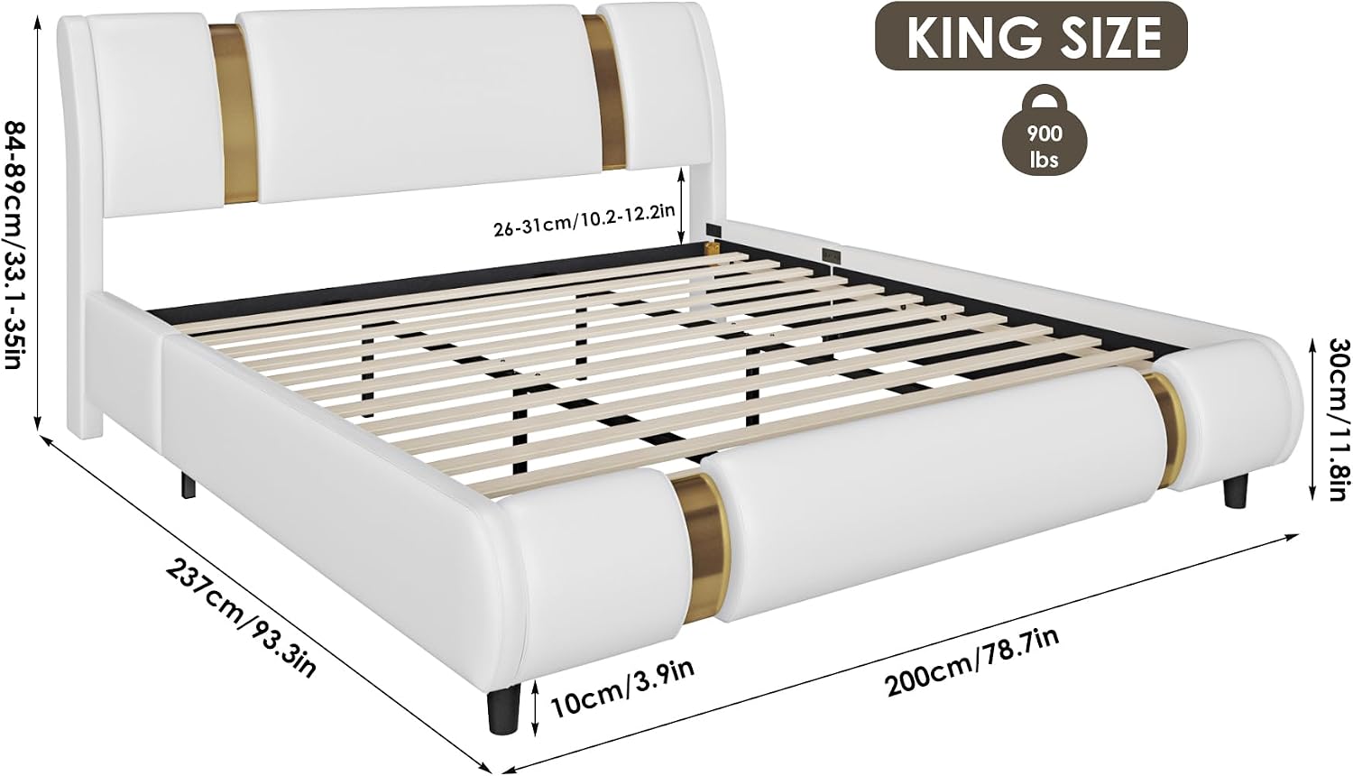 TTVIEW Modern Faux Leather Upholstered Platform Bed Frame with Golden Iron Metal Decor, Adjustable Curved Headboard, Wooden Slats Support, No Box Spring Needed, King Size, White