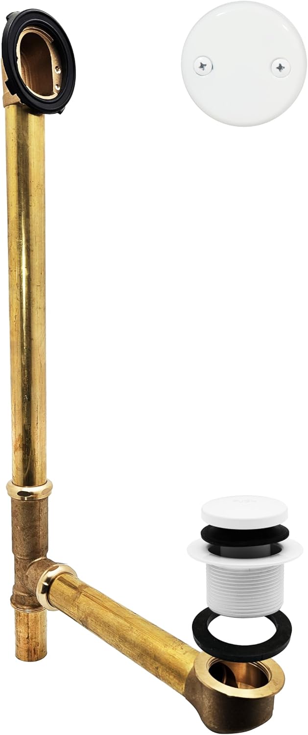 Westbrass D326-50 22-1/2' 17 Gauge Brass Bath Waste & Overflow Assembly with Tip-Toe Drain Plug and 2-Hole Faceplate, Powder Coat White