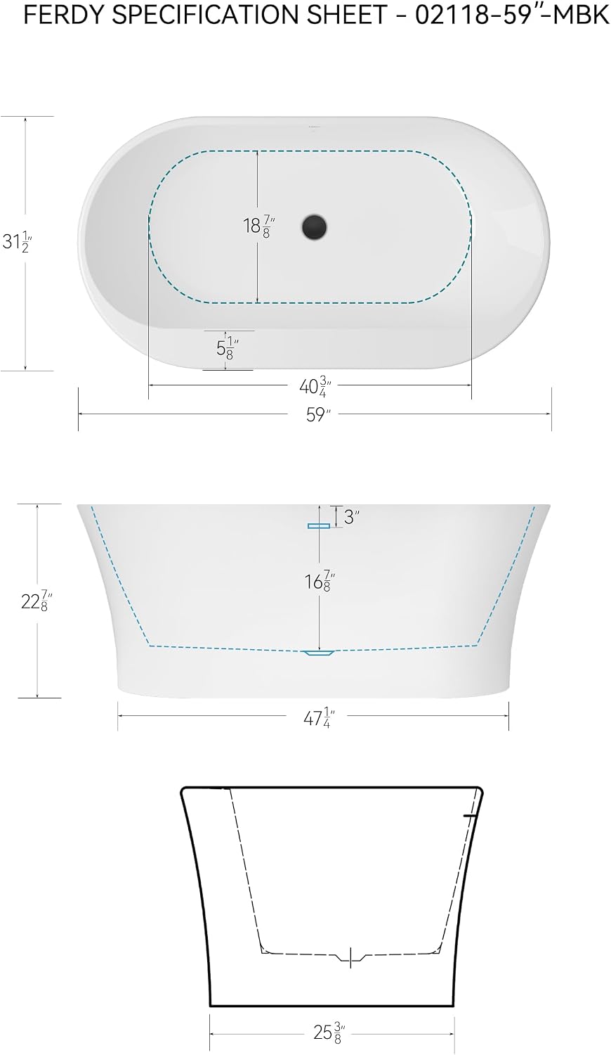 FerdY Mauritius 59' Acrylic Freestanding Tub, Oval Contemporary Soaker Tub, Extra Deep Bathtub, Matte Black Drain and Minimalist Linear Design Overflow, Modern White Bathtub, cUPC Certified