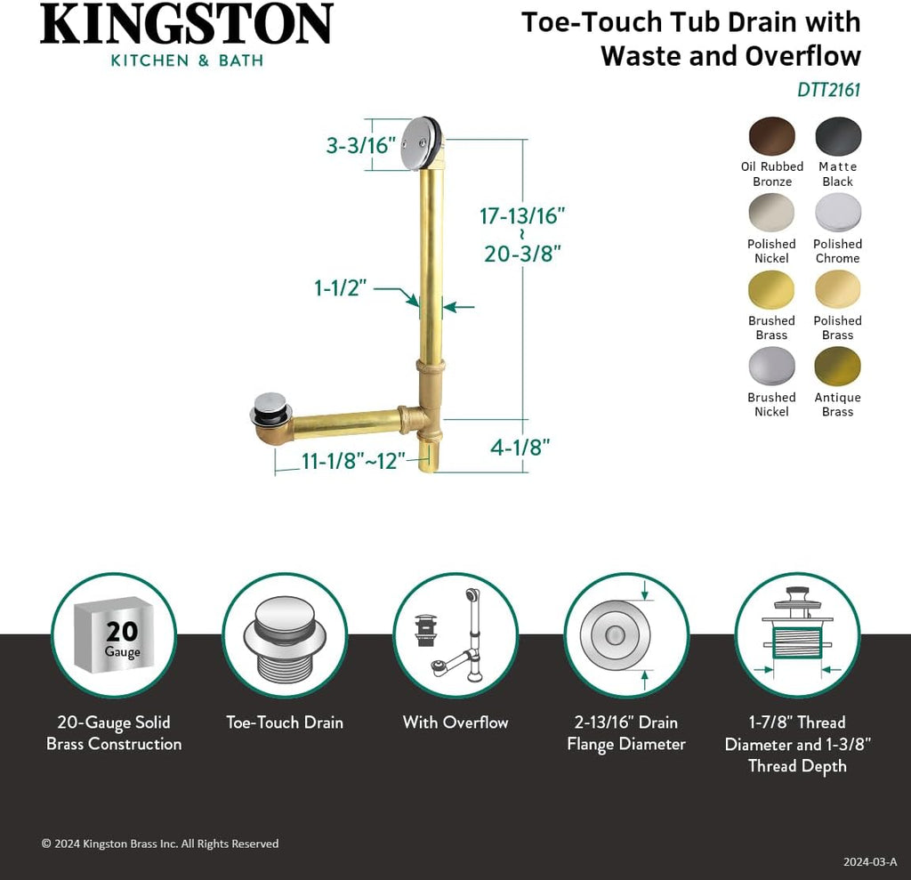 Kingston Brass DTT2163 21' Tip-Toe Tub Waste and Overflow Drain, 20 Gauge, Antique Brass