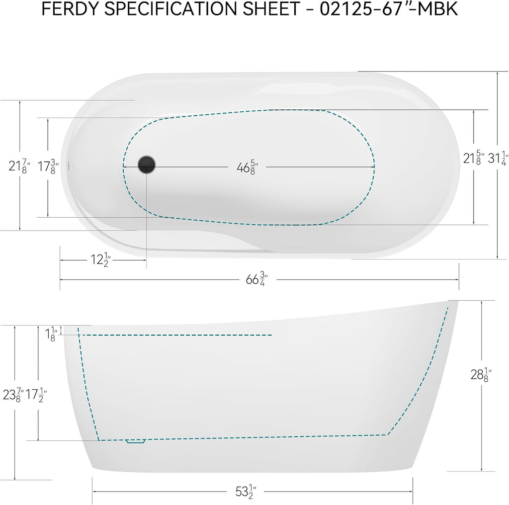 FerdY Lana'i 67' Freestanding Bathtub, Gracefully Shaped Freestanding Soaking tub, Glossy White, cUPC Certified, Matte Black Drain Assembly Included