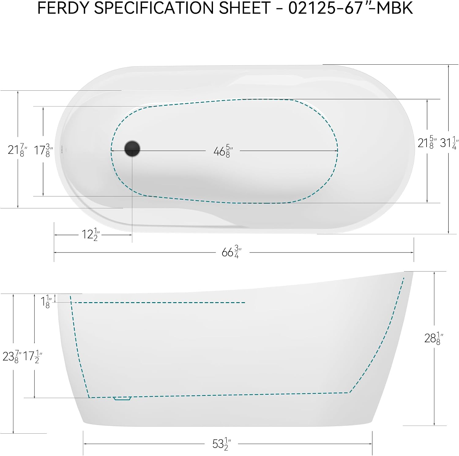 FerdY Lana'i 67' Freestanding Bathtub, Gracefully Shaped Freestanding Soaking tub, Glossy White, cUPC Certified, Matte Black Drain Assembly Included