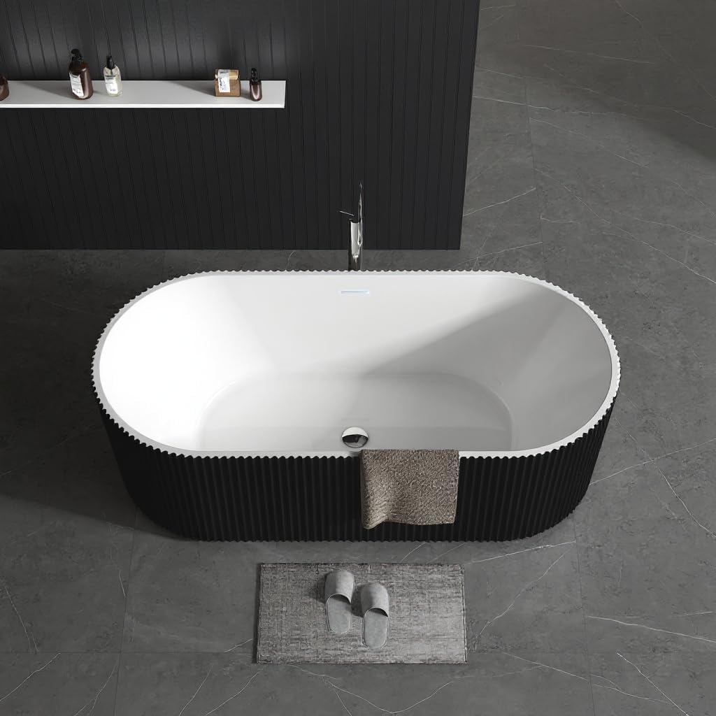 67 inch Freestanding Bathtub for Main Bathroom – Black & White Acrylic Free Standing Tub with Chrome Drain, Extra-Deep Soaking Tub for Luxurious Bathing Experience