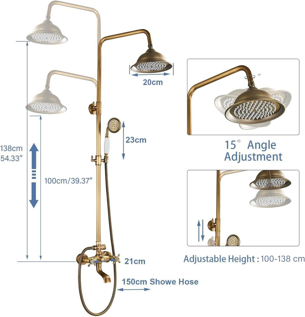 Antique Brass Shower System Bathroom Shower Faucet Set with 8 Inch Shower Head Handheld Spray and 360 ° Rotation Tub Spout 2 Cross Handles Outdoor Shower Fixtures