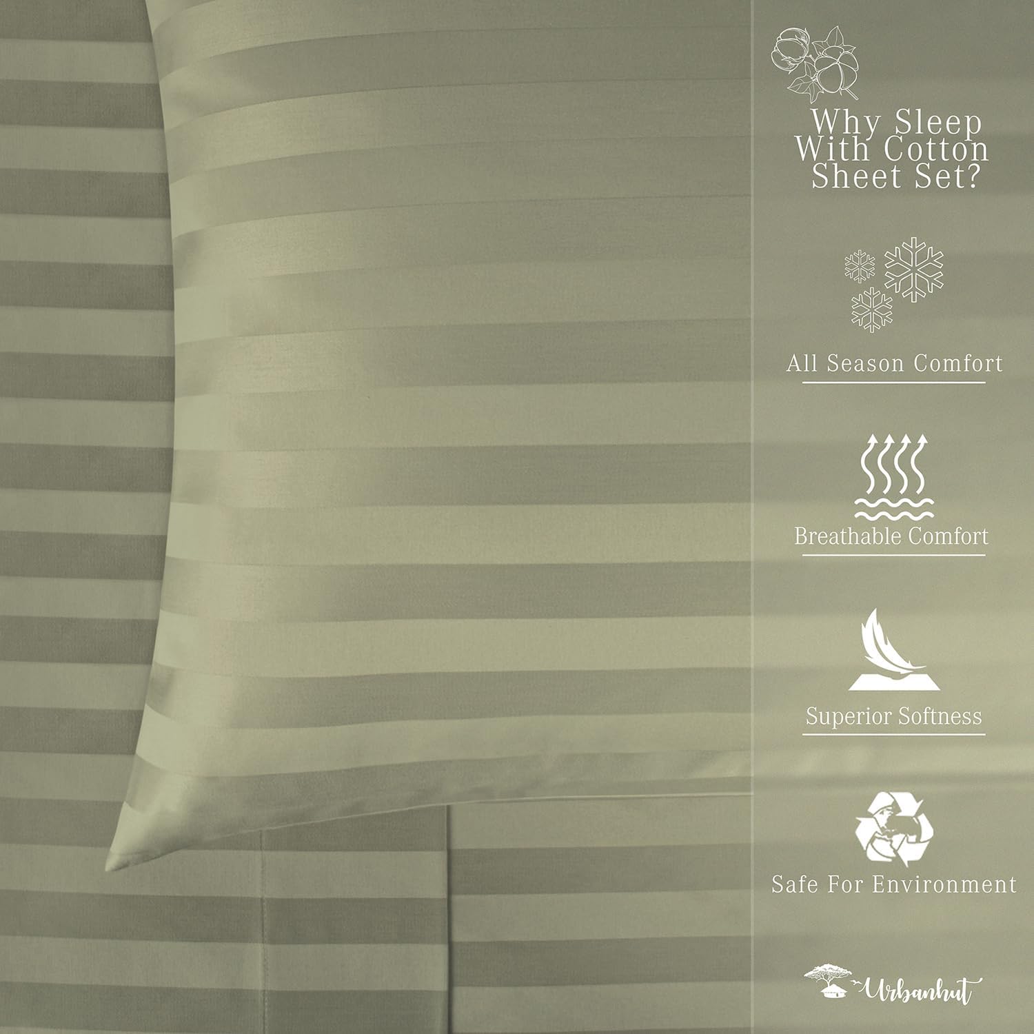 URBANHUT 100% Cotton Damask California King Size, Comfort Series 4Pc Sheet Set for Cal King Size Bed, Sateen Weave Stripe Sheets, 16'' Elasticized Deep Pocket - Sage
