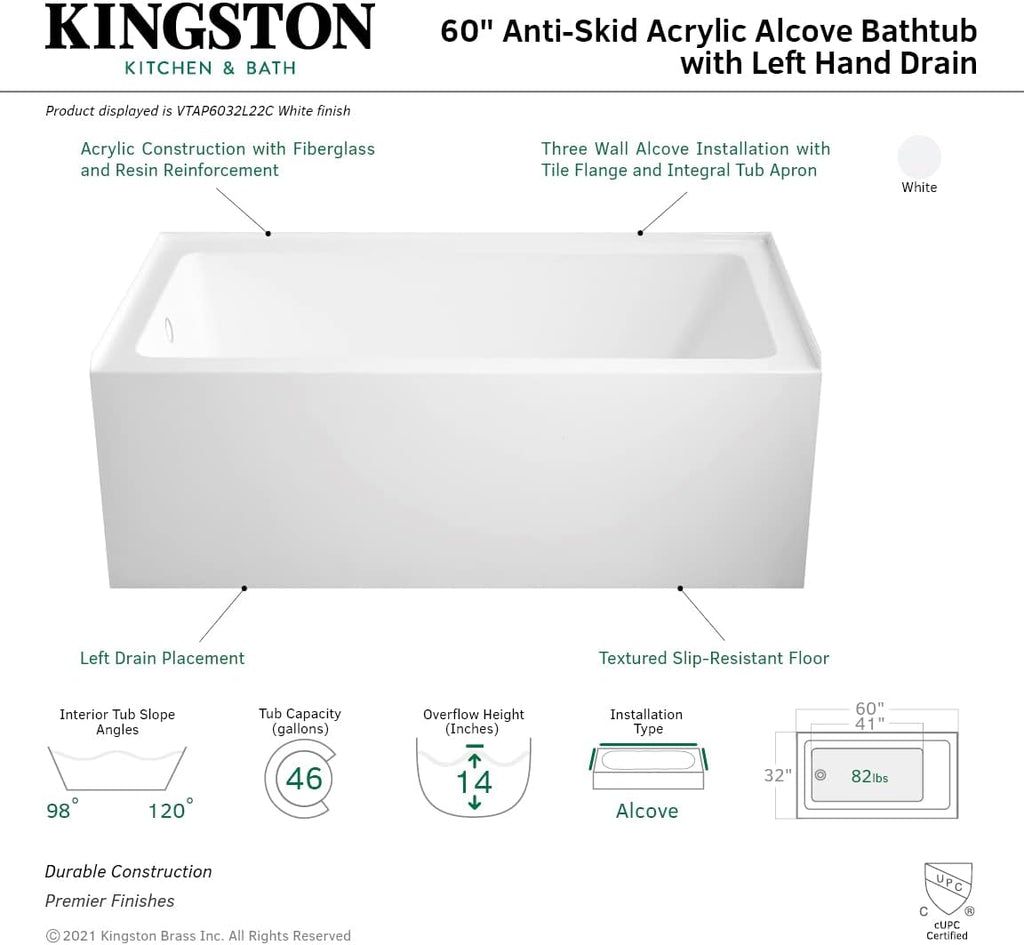 Aqua Eden VTAP6032L22C 60-Inch Anti-Skid Acrylic 3-Wall Alcove Tub with Left Hand Drain Hole, White