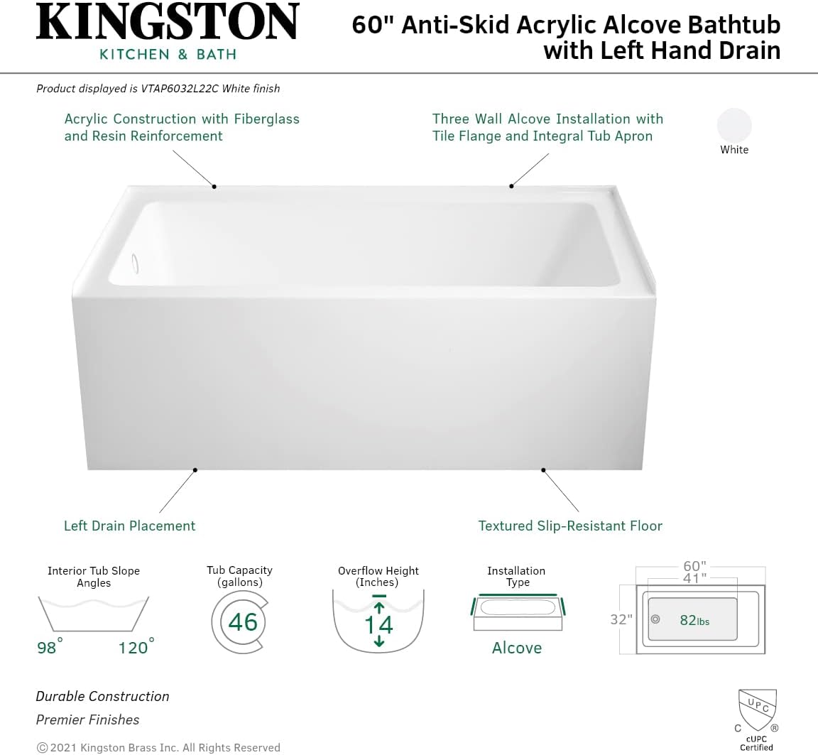 Aqua Eden VTAP6032L22C 60-Inch Anti-Skid Acrylic 3-Wall Alcove Tub with Left Hand Drain Hole, White