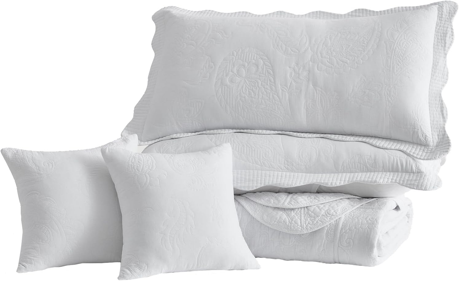 Oversized Queen Bedspread Cotton, Reversible Paisley Pattern Design, Lightweight Bedding Cover, 5 Piece Set - Queen, Pure White