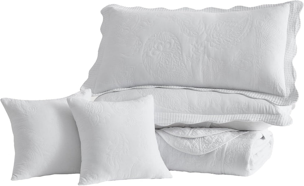 Oversized King Bedspread Cotton, Reversible Paisley Pattern Design, Lightweight Bedding Cover, 5 Piece Set, Pure White