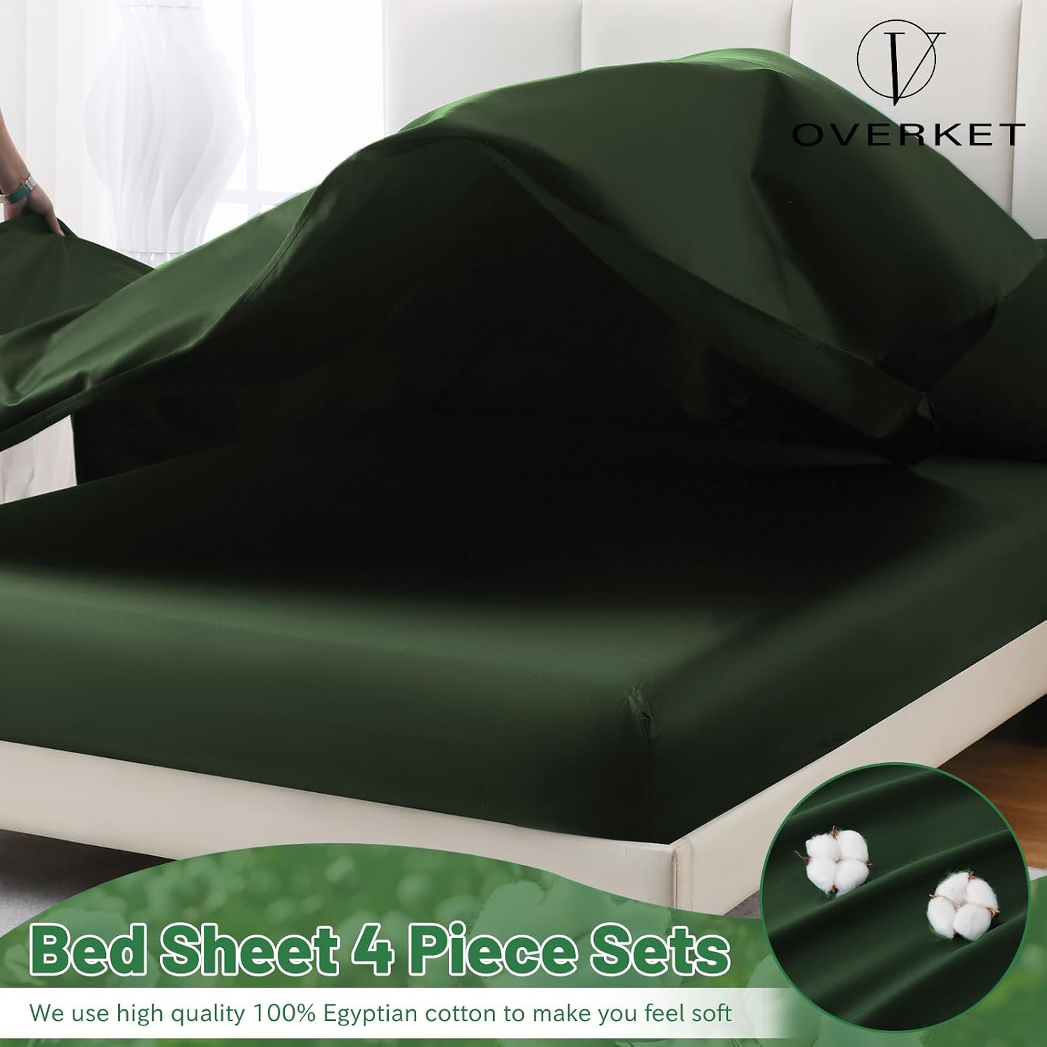 100% Egyptian Cotton Sheets Cal King Sheet Set 4PCS 1000 Thread Count Sateen Weave Soft Breathable 16-Inch Deep Pocket（California King,Forest Green）