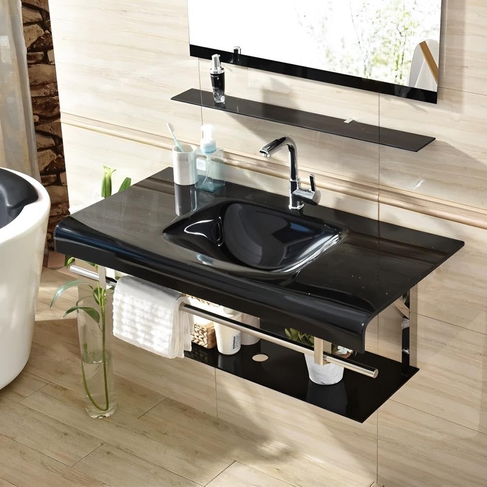 Modern Wall-Mounted Bathroom Vanity Set with Tempered Glass Sink Mirror Shelves - Space-Saving Floating Design for Stylish Bathrooms Efficient Nization,2186 Black Red 90X50Cm