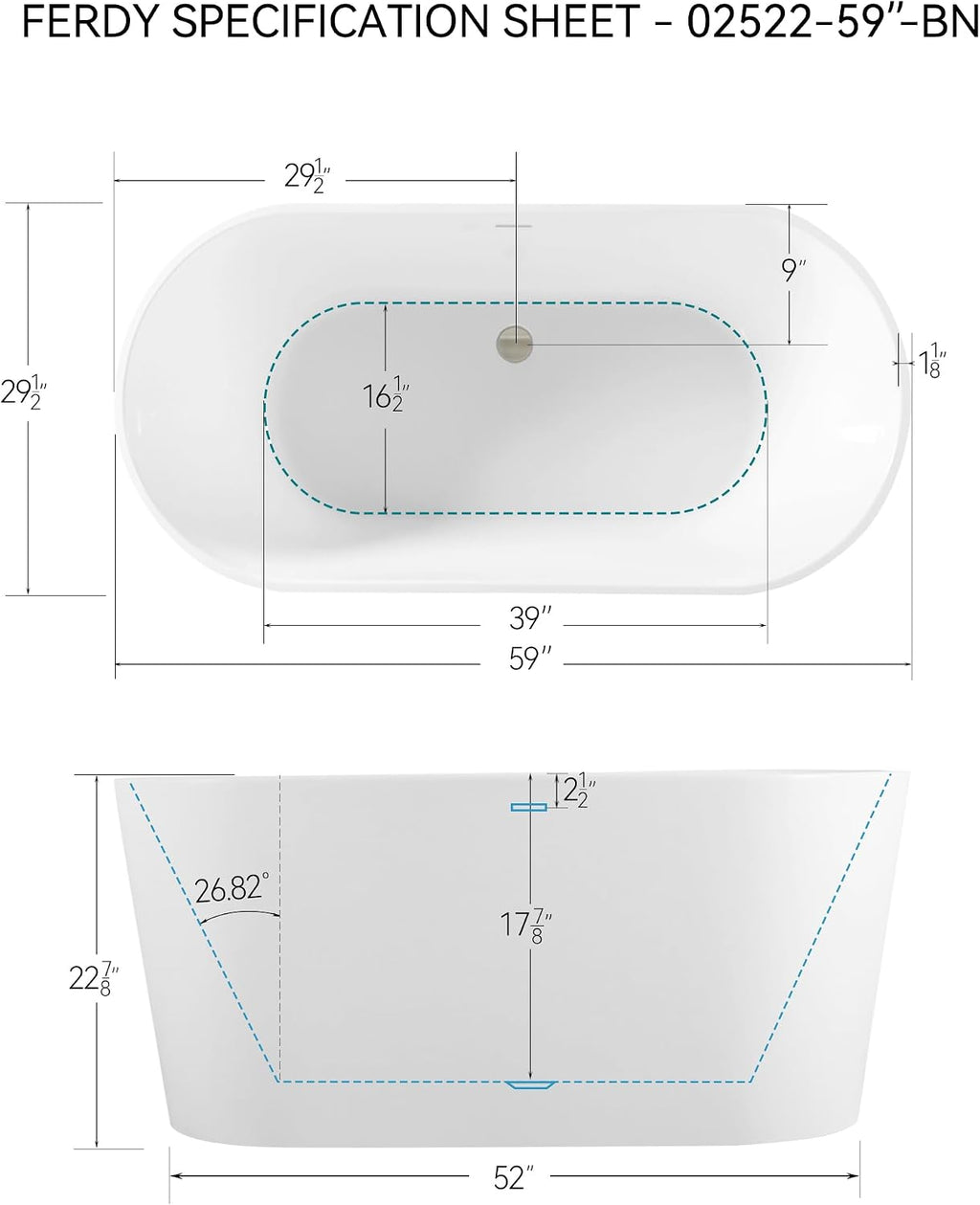 FerdY Shangri-La 59' Acrylic Freestanding Bathtub, Gracefully Shaped Soaking Bathtub, Glossy White, cUPC Certified, Brushed Nickel Drain & Minimalist Linear Design Overflow Included, 02522