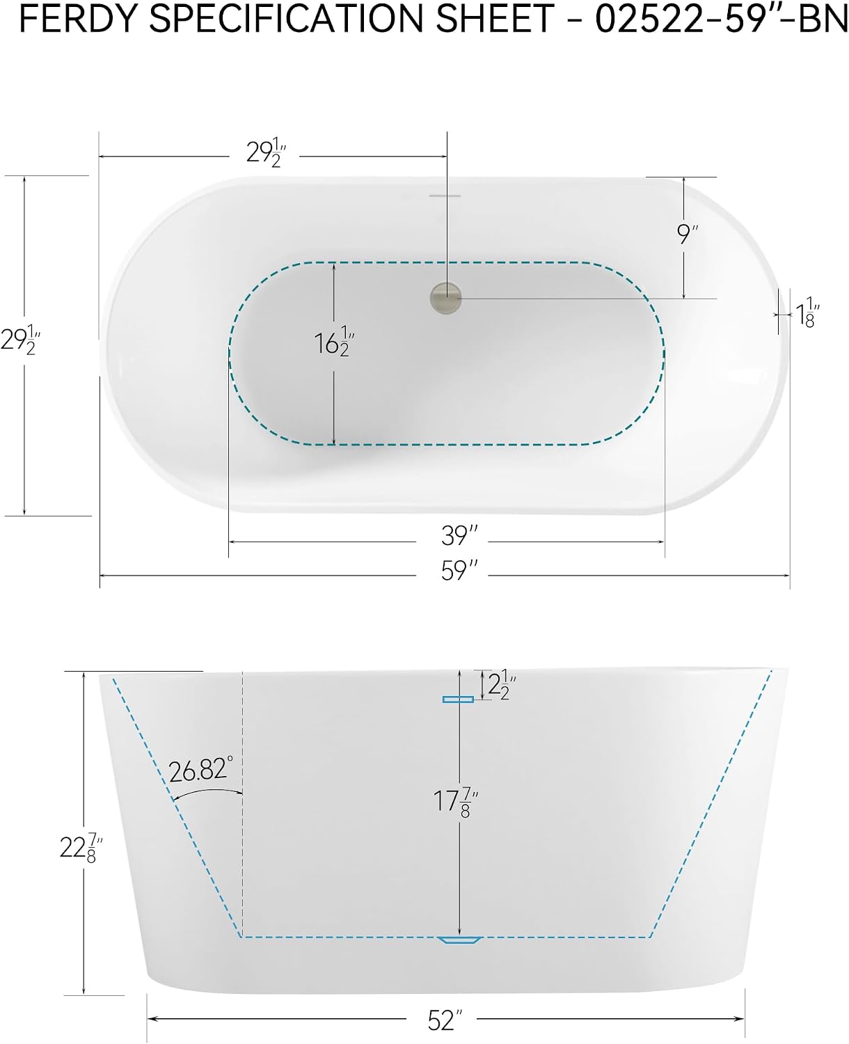 FerdY Shangri-La 59' Acrylic Freestanding Bathtub, Gracefully Shaped Soaking Bathtub, Glossy White, cUPC Certified, Brushed Nickel Drain & Minimalist Linear Design Overflow Included, 02522