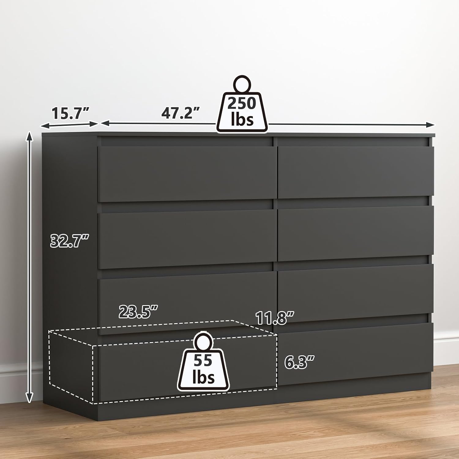 Vibe & Dine 8 Drawer Double Dressser, Modern Chest of Drawers with Wide Storage for Closet, Bedroom, Living Room, Black