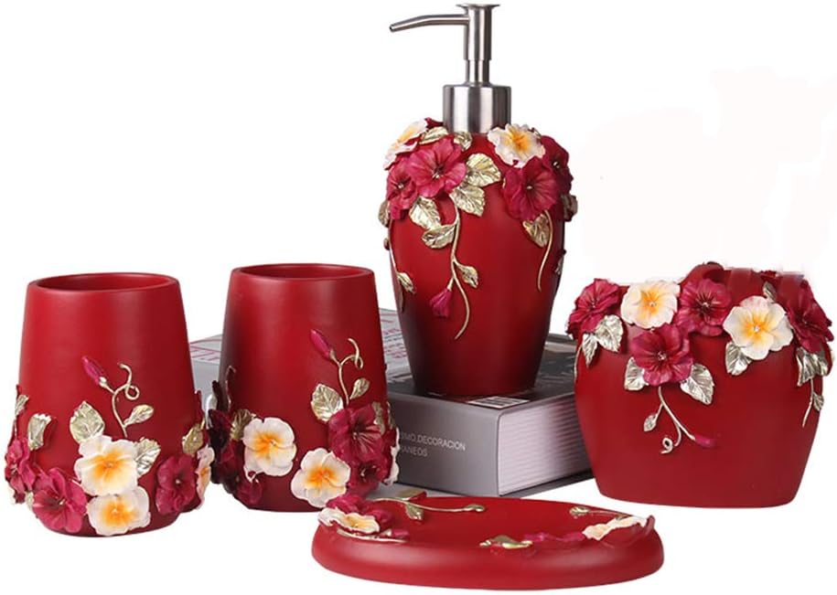Bathroom Accessories Set Creativity Romantic Wedding Bath Set Resin Bath Ensemble Includes Toothbrush Holder, 2 Tumblers, Liquid Soap Dispenser, Soap Dish,Red