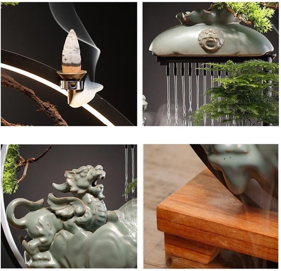 Tabletop Fountains, Ceramic Tabletop Fountain with LED Light Ring and Backflow Incense Burner Holder Circulating Water Feature