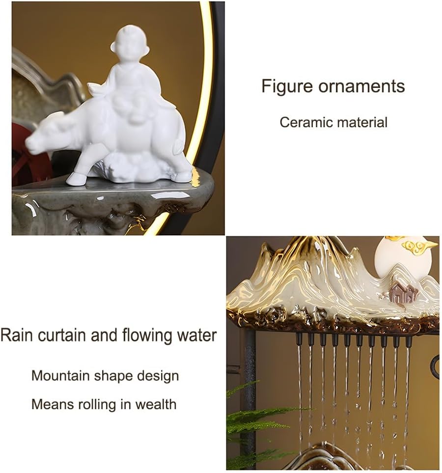 GZHERVICES Tabletop Fountains with Ceramic Sculpture, 3D Indoor Waterfall with LED Light Ring and Backflow Incense Burner, Indoor Rain Curtain Waterfall Water Feature with Mist(Diameter 35cm/13.78in)