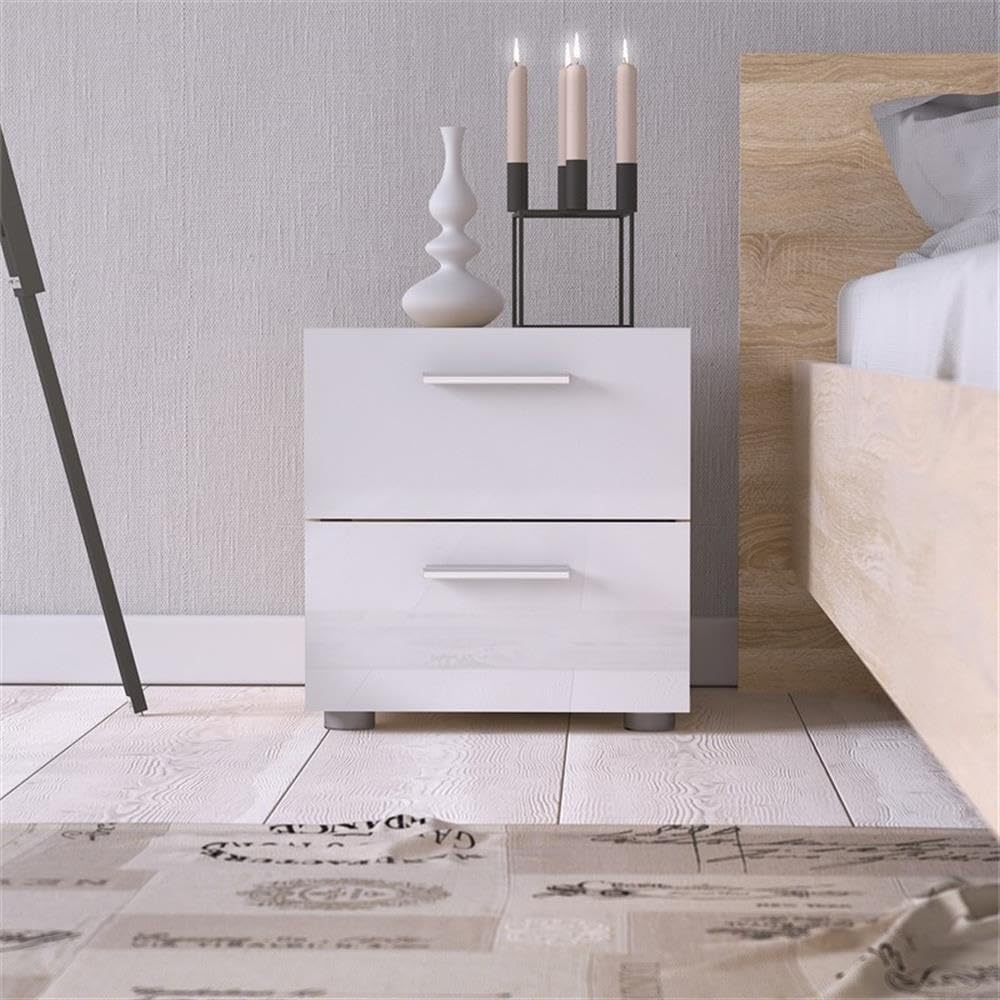 Home Square Contemporary Style 4 Piece Bedroom Set with Two Nightstands, 8 Drawer Double Dresser and 4 Drawer Chest in Oak and White Gloss