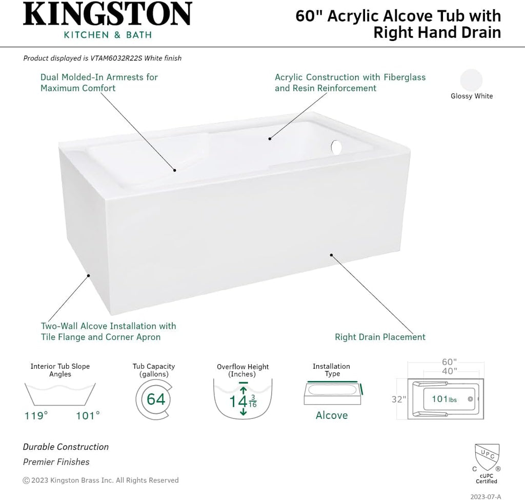 Aqua Eden VTAM6032R22S 60-Inch Acrylic 2-Wall Corner Alcove Tub with Corner Apron, Right Hand Drain Hole, White