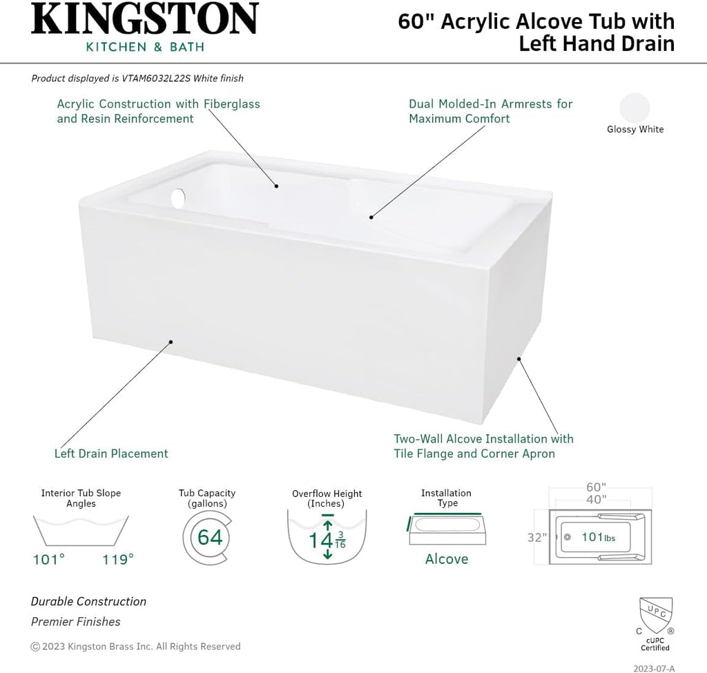 Aqua Eden VTAM6032L22S 60-Inch Acrylic 2-Wall Corner Alcove Tub with Corner Apron, Left Hand Drain Hole, White