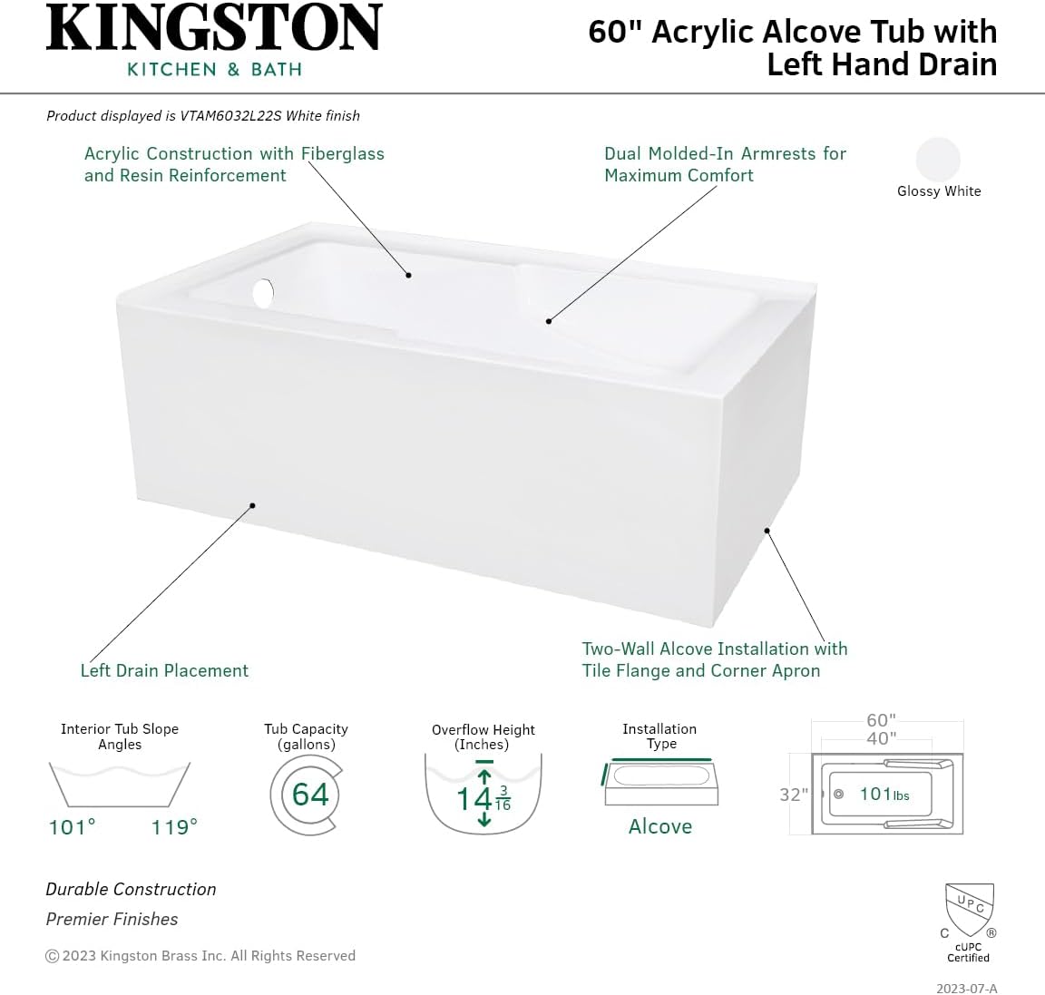 Aqua Eden VTAM6032L22S 60-Inch Acrylic 2-Wall Corner Alcove Tub with Corner Apron, Left Hand Drain Hole, White