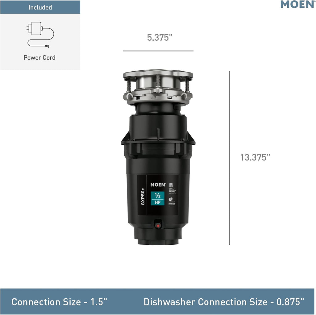 Moen Prep Series PRO 1/2 HP Continuous Feed Compact Garbage Disposal, Power Cord Included, GXP50C (Pack of 2)