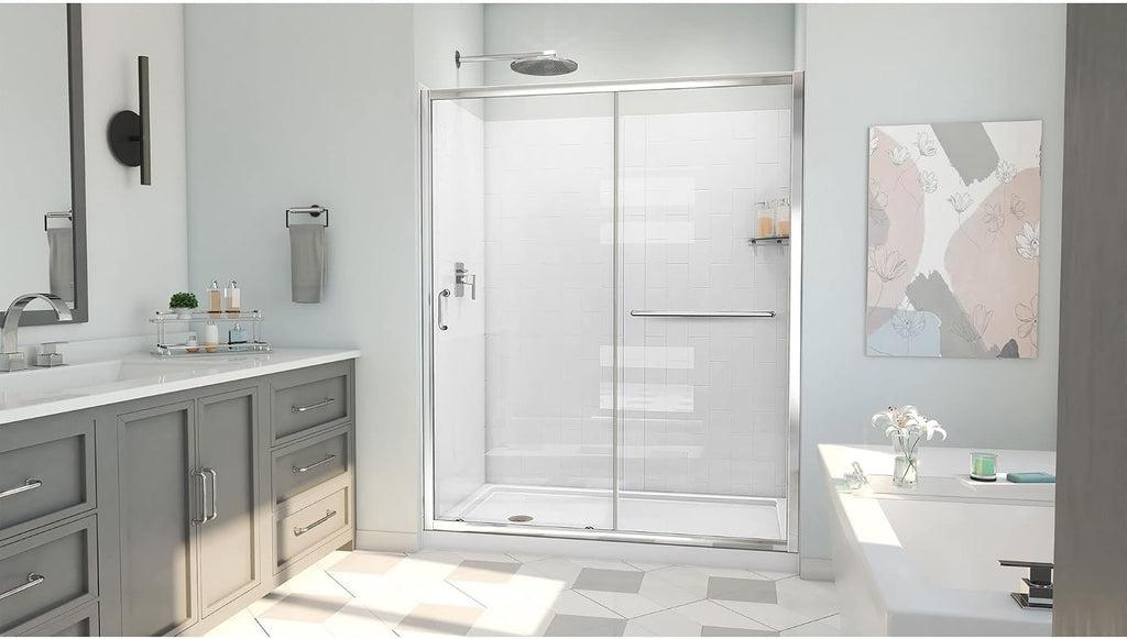 DreamLine Infinity-Z 32 inch D x 60 inch W x 78 3/4 inch H Semi-Frameless Sliding Shower Door in Chrome and Clear Glass, Left Drain Shower Base, and Wall Kit in White
