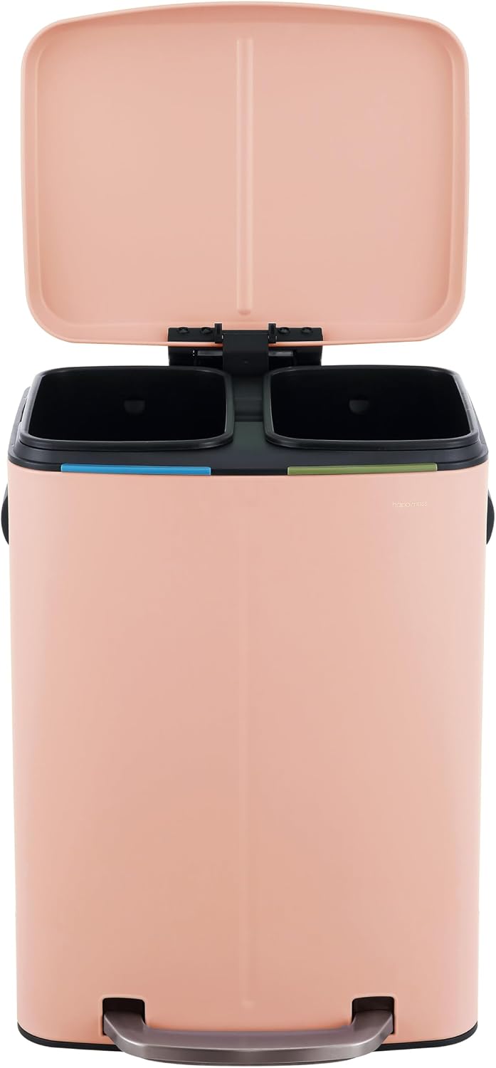 happimess HPM1005G Marco Rectangular 10.6-Gallon Double Bucket Trash Can with Soft-Close Lid, Flamingo Pink, Fingerprint Resistant, Modern, Minimalistic for Home, Kitchen, Office, Bedroom, Bathroom