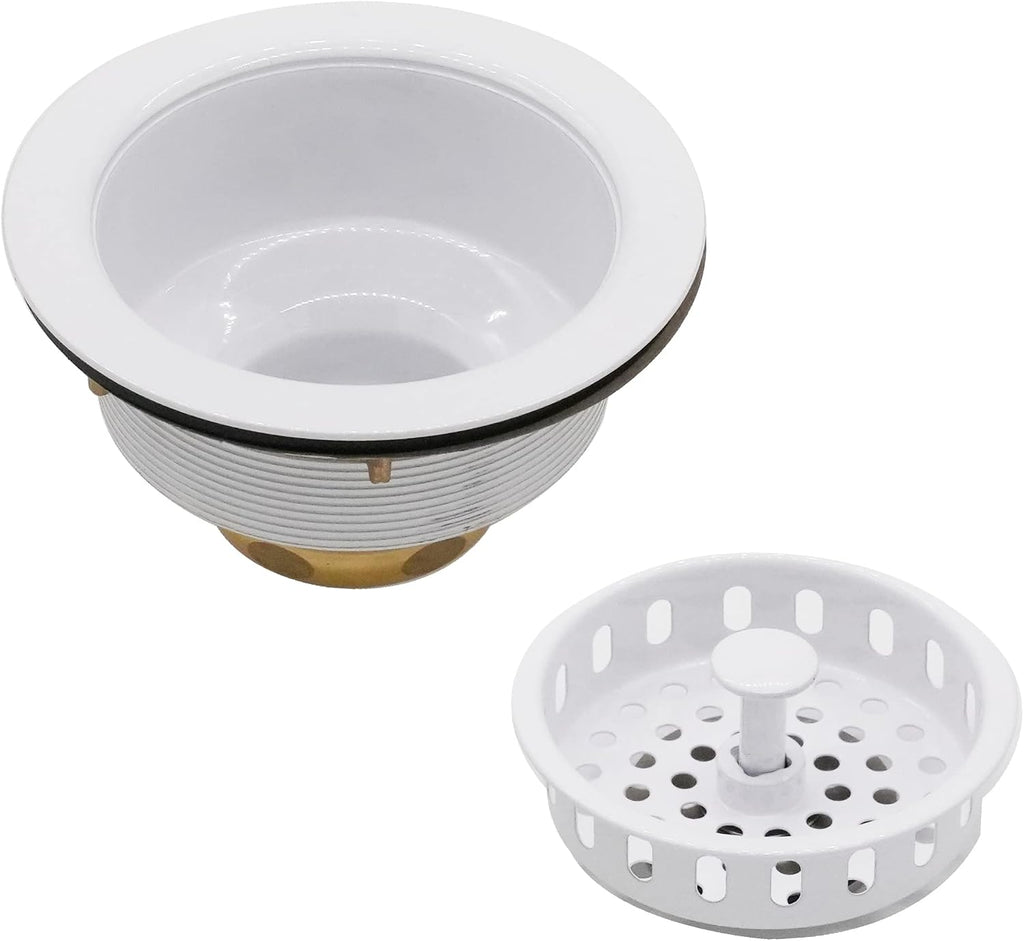 Westbrass CO2185-50 Combo Pack 3-1/2' Post Style Large Kitchen Sink Basket Strainer and Waste Disposal Drain Flange with Stopper, Powder Coat White